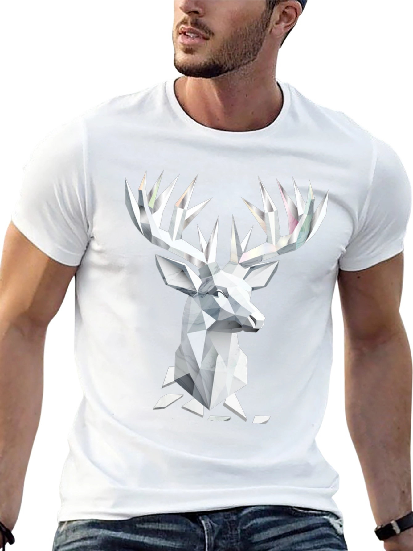 Geometric Deer Head Graphic Tee - Black