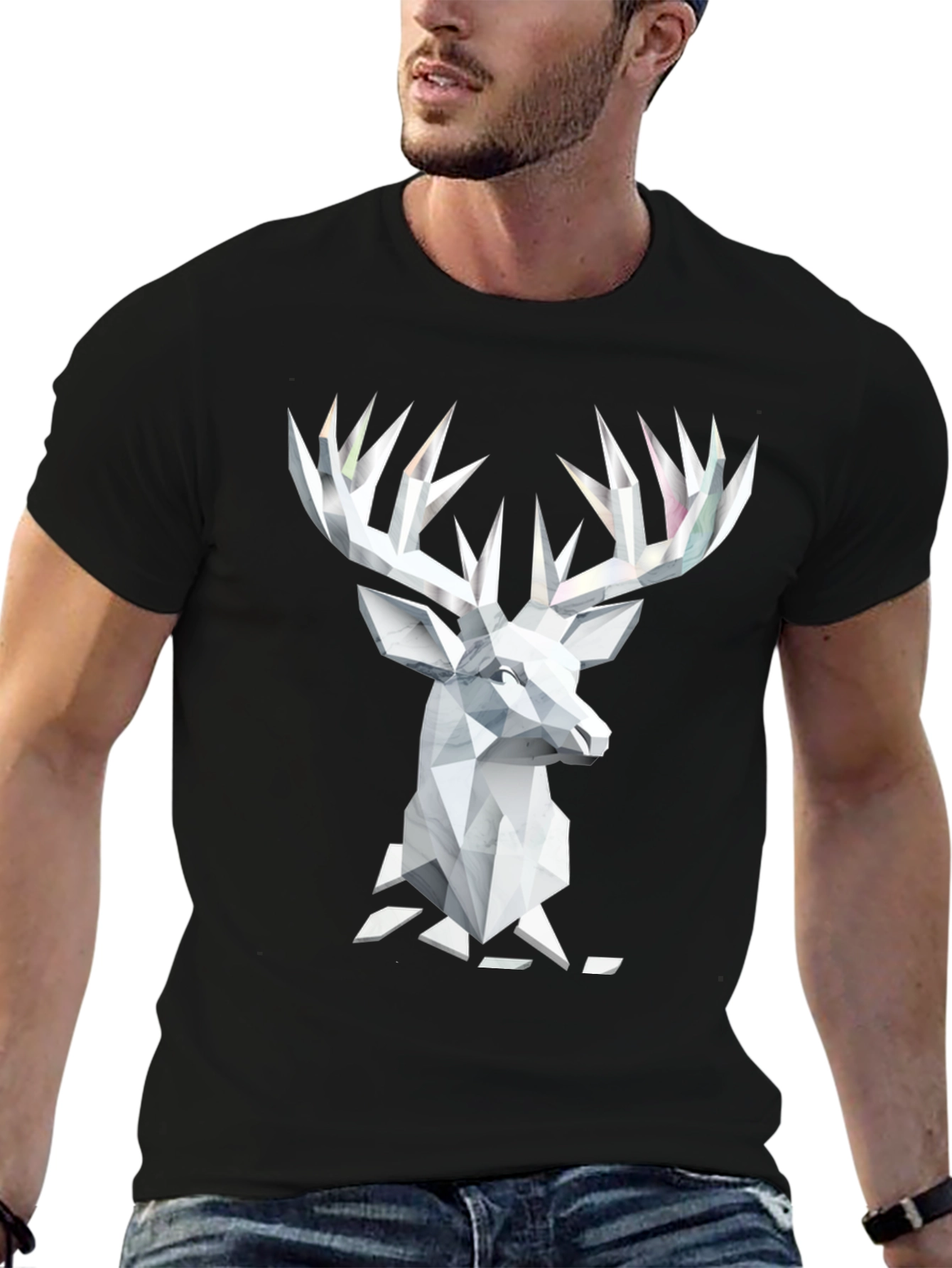 Geometric Deer Head Graphic Tee - Black