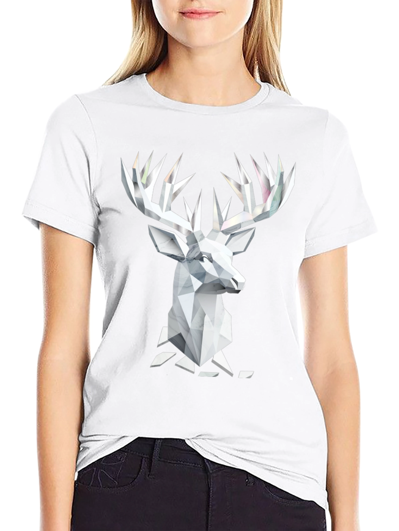 Geometric Deer Head Graphic Tee - Black