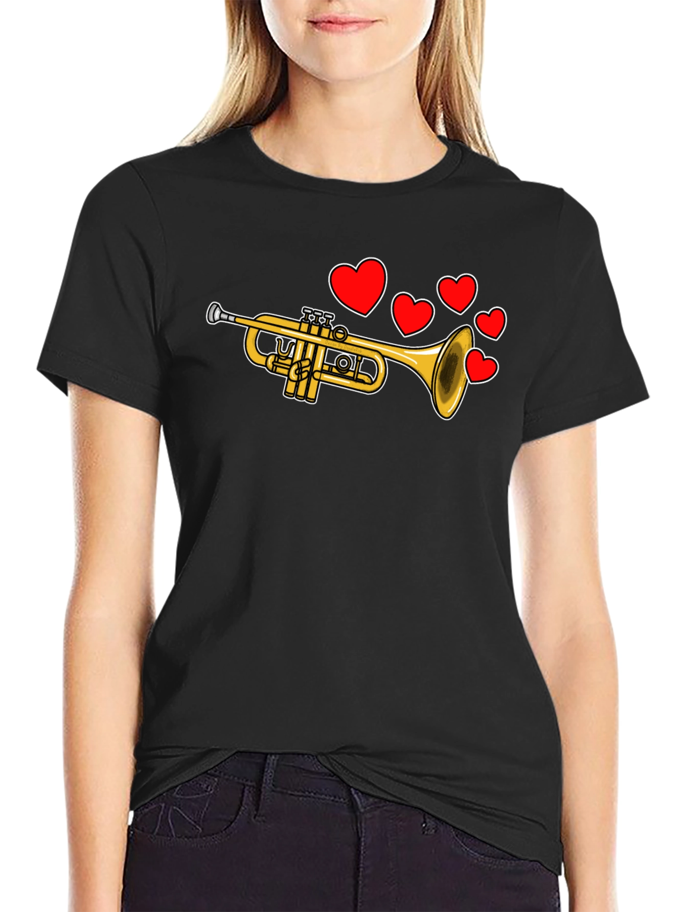 Trumpet with Hearts Black T-Shirt