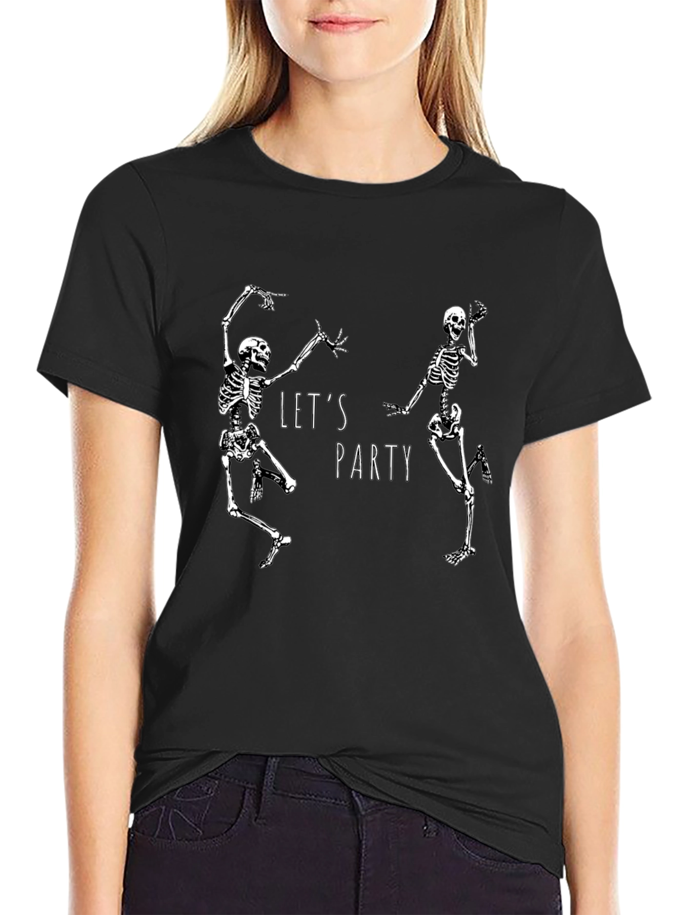Dancing Skeleton Party Graphic Tee - Black Cotton T-Shirt