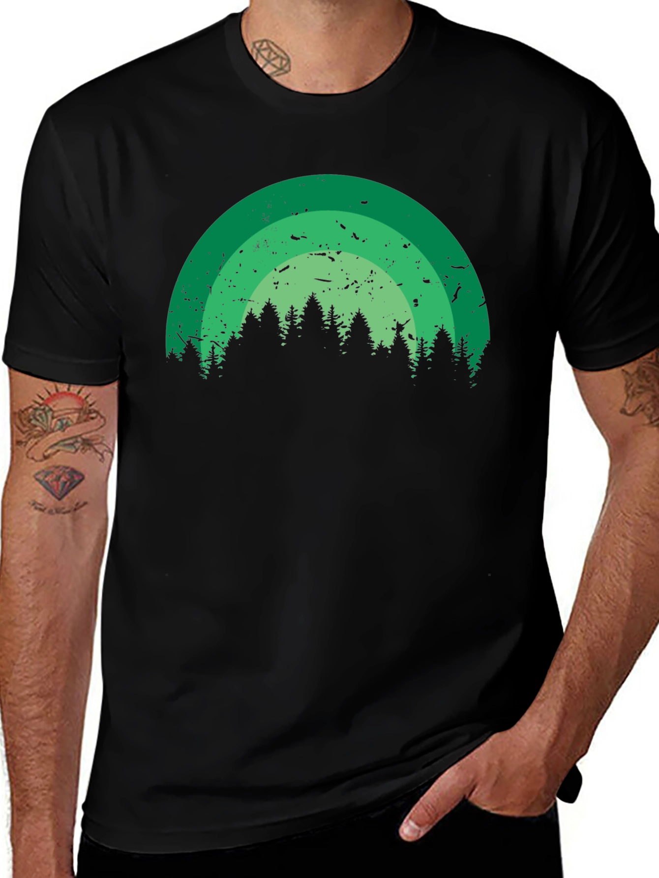 Retro Forest Rainbow Black T-Shirt
