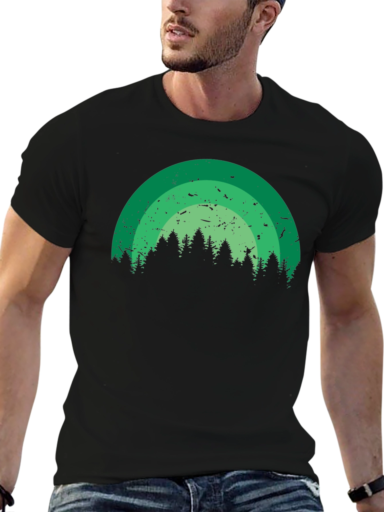 Retro Forest Rainbow Black T-Shirt