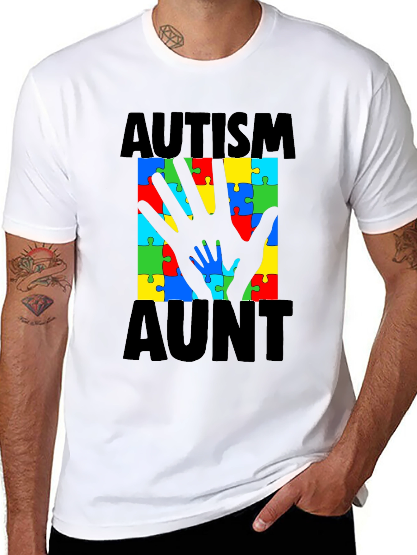 Autism Aunt T-Shirt: Puzzle Piece Hand Design