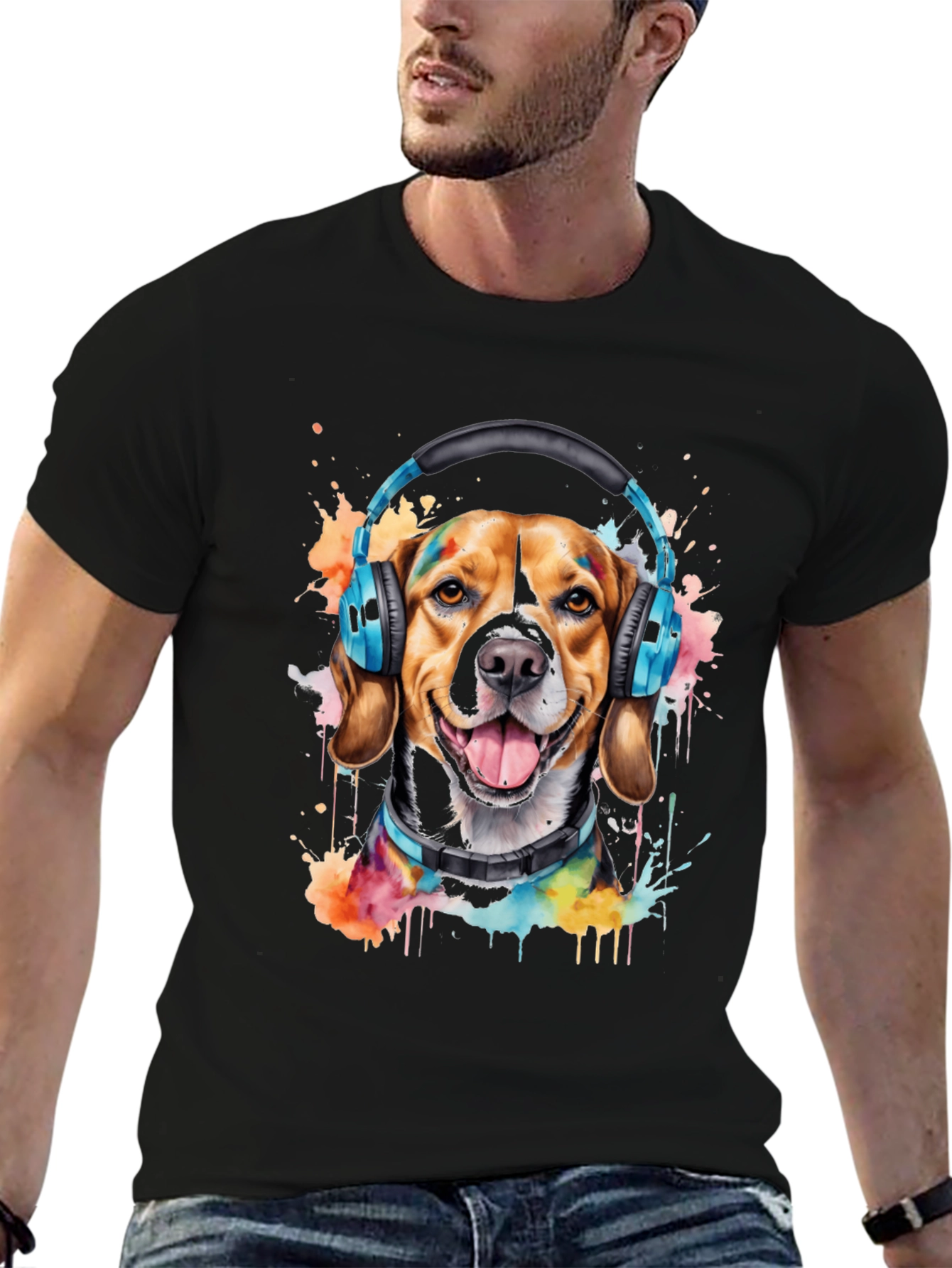 Dog with Headphones Graphic Tee - Music Lovers Shirt