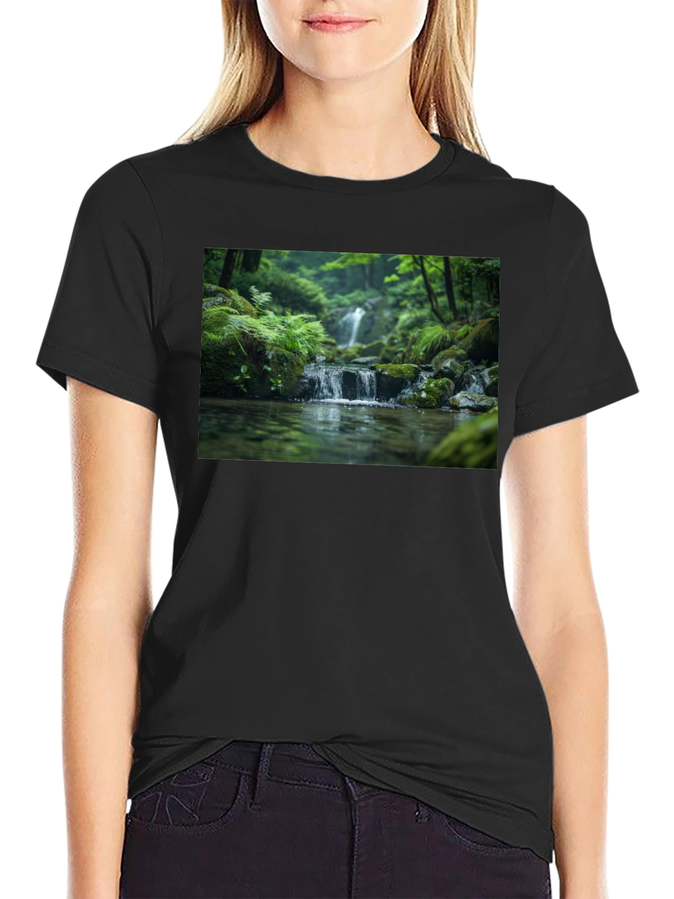 Nature Waterfall Graphic Black T-Shirt