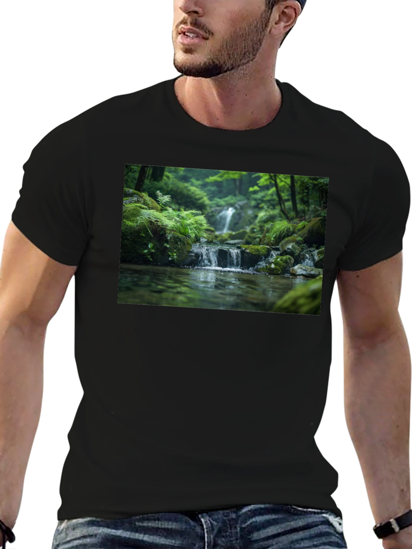 Nature Waterfall Graphic Black T-Shirt