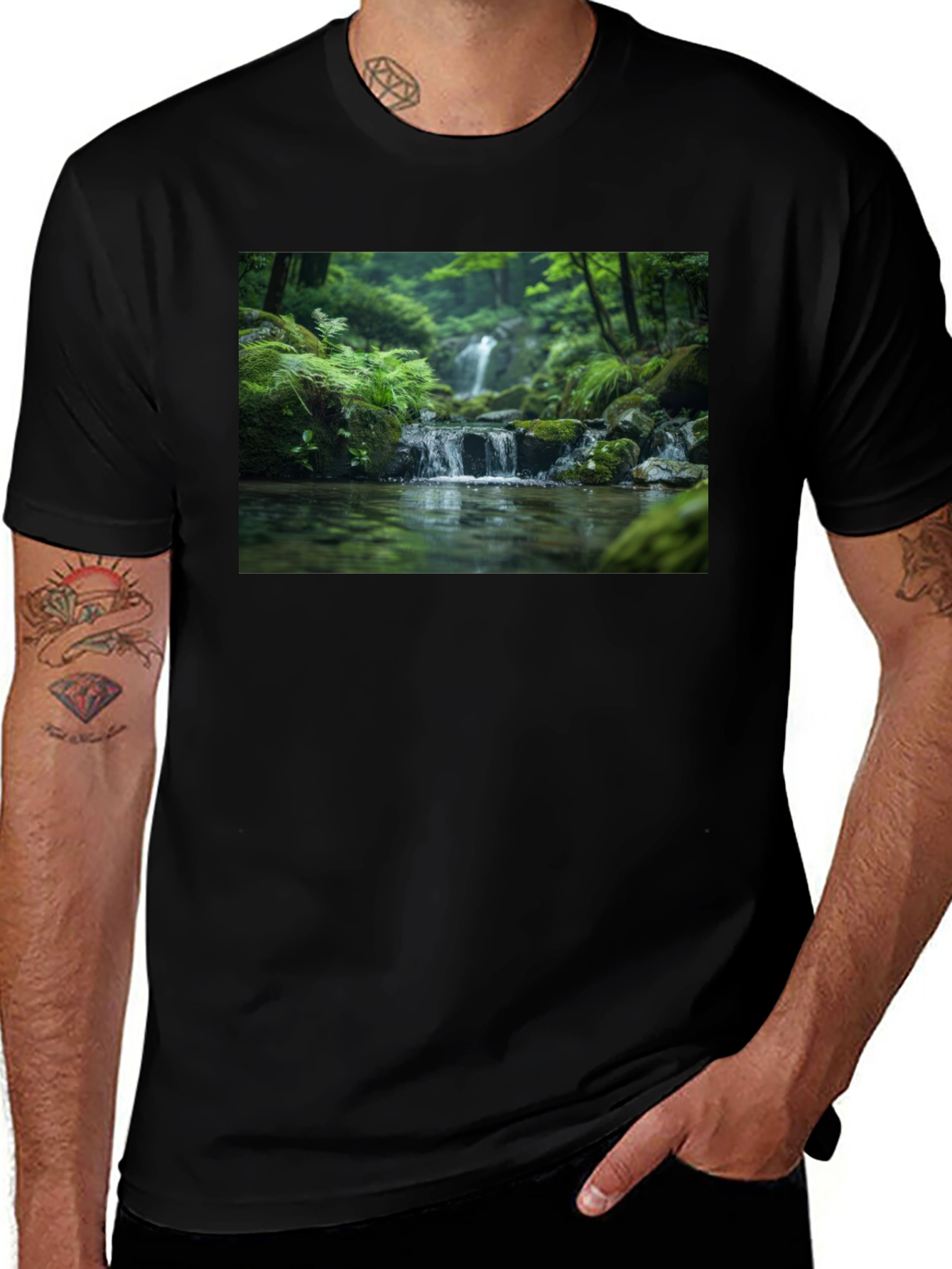 Nature Waterfall Graphic Black T-Shirt
