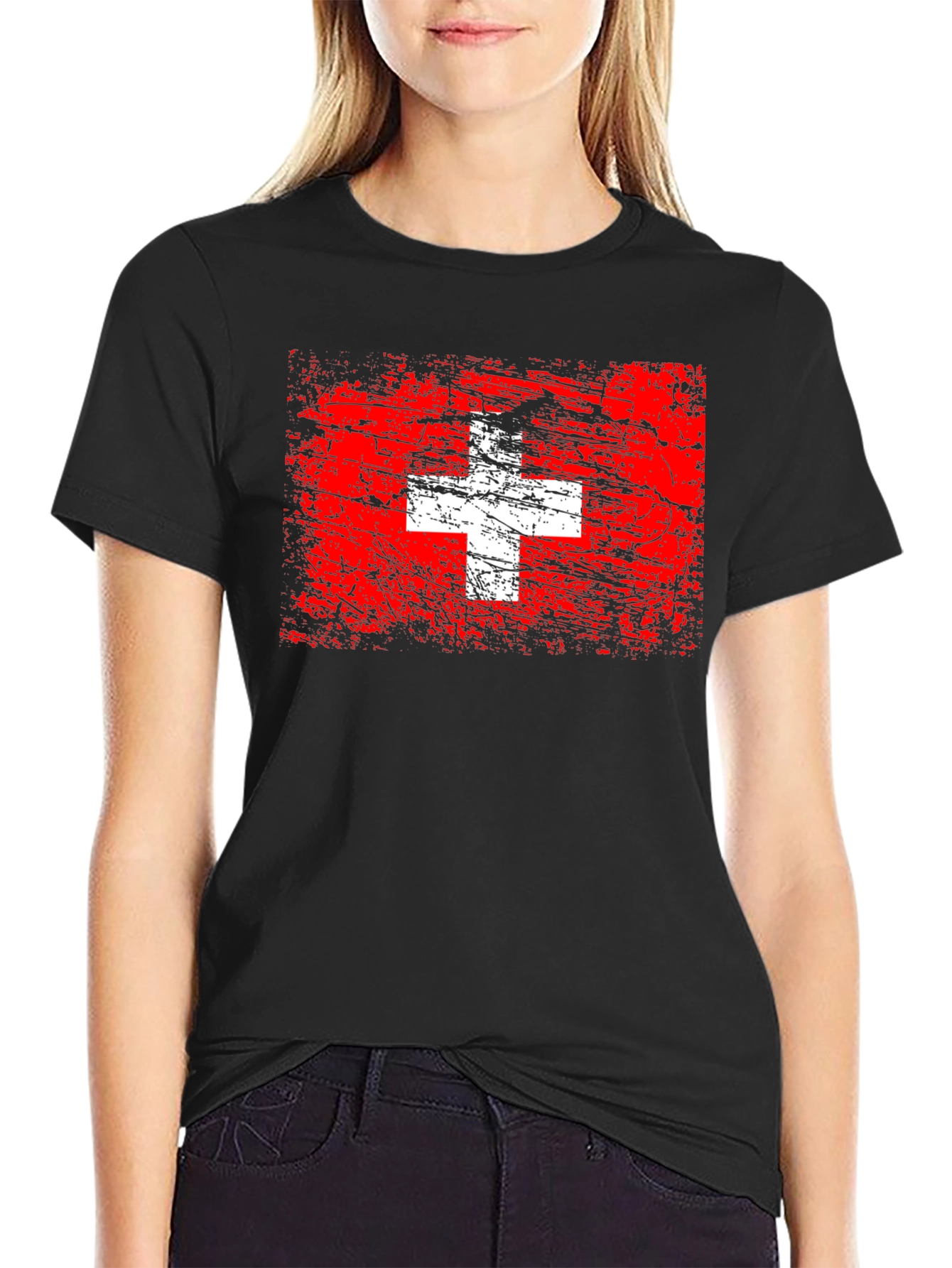 Switzerland Flag Graphic Tee - Black Cotton T-Shirt