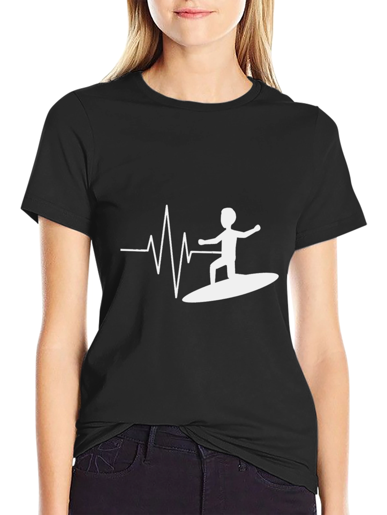 Surfing Heartbeat Tee - Black Cotton Graphic T-Shirt