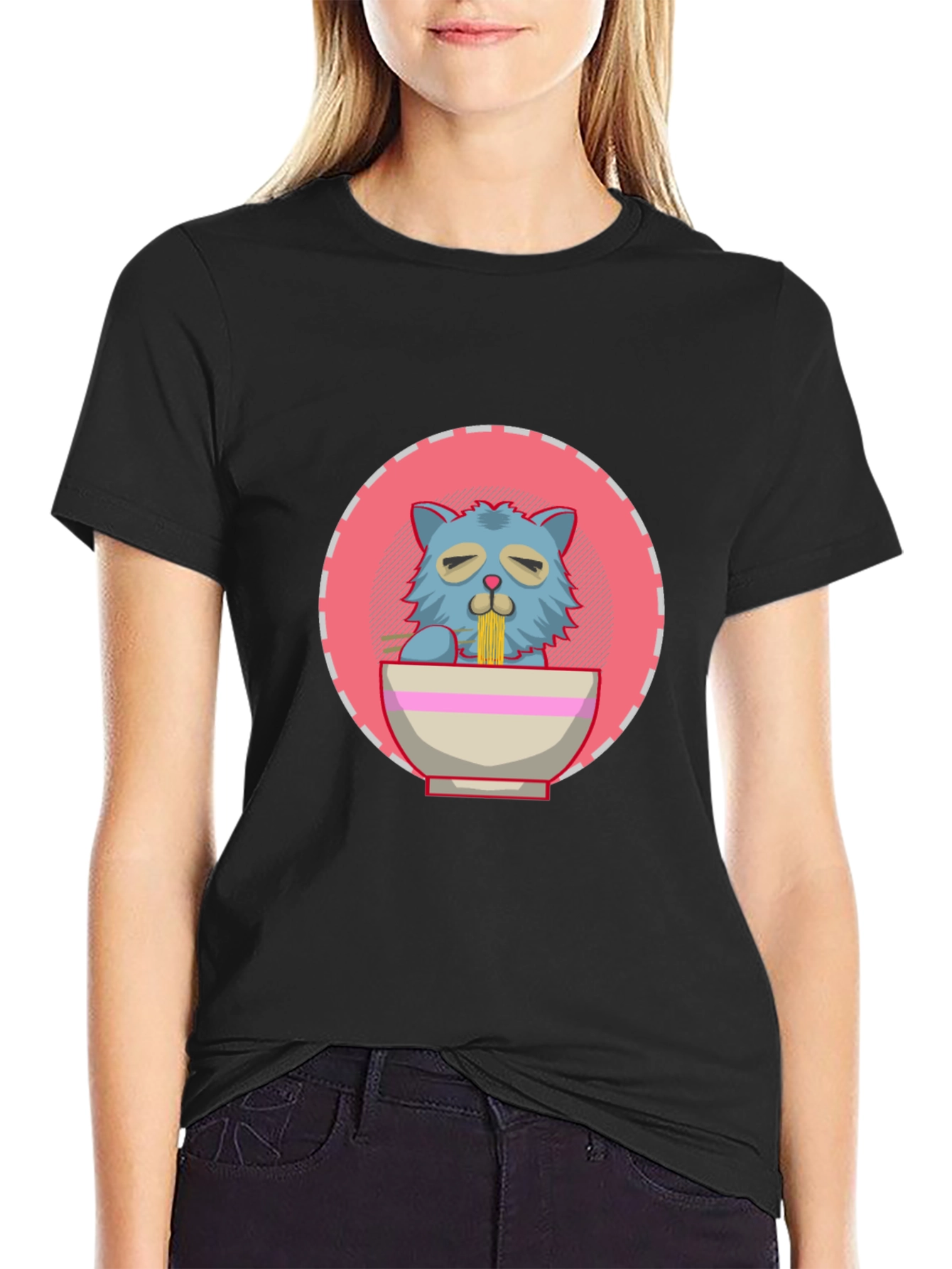 Noodle Cat Graphic Tee - Quirky Black T-Shirt