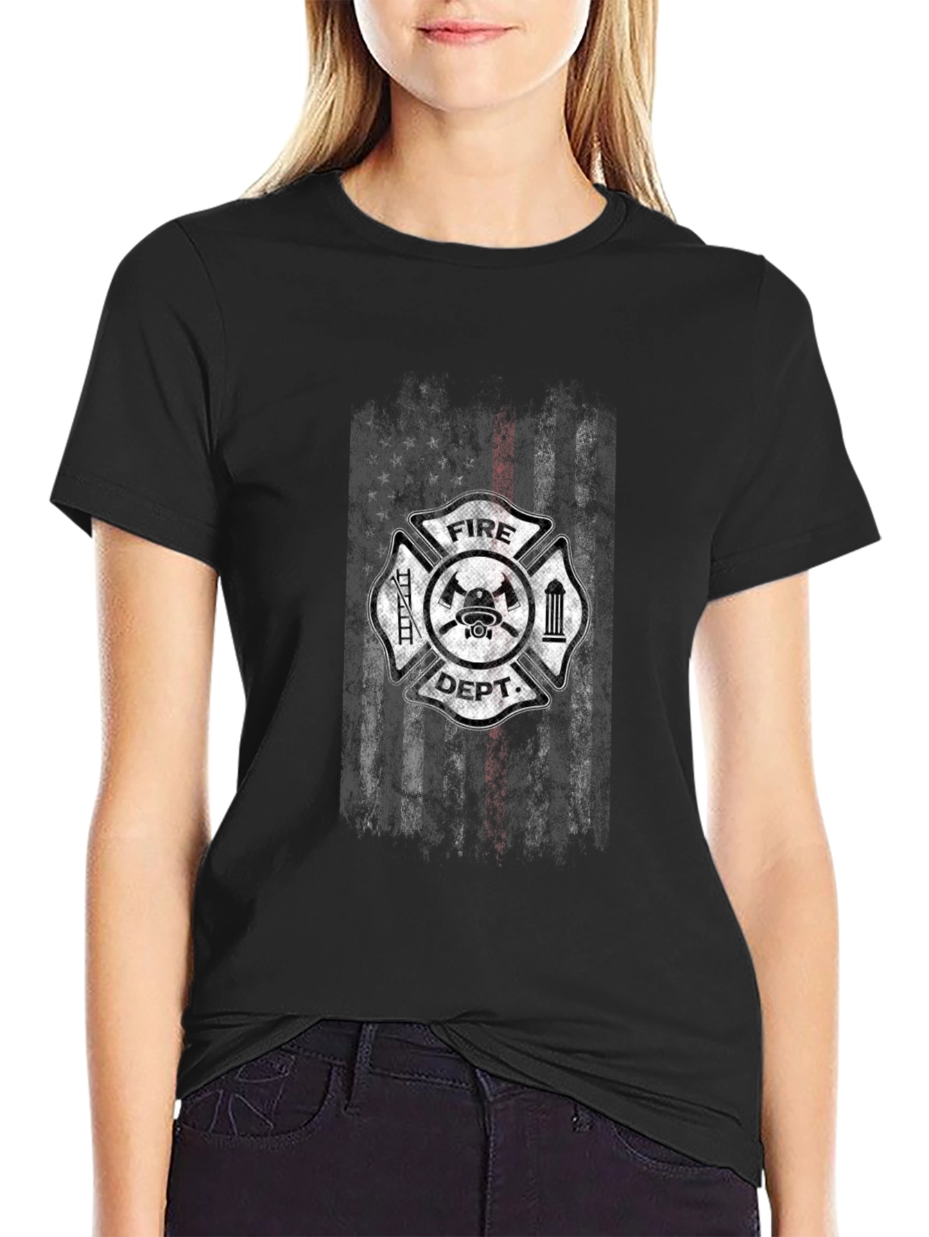 Fire Dept Thin Red Line USA Flag Graphic T-Shirt