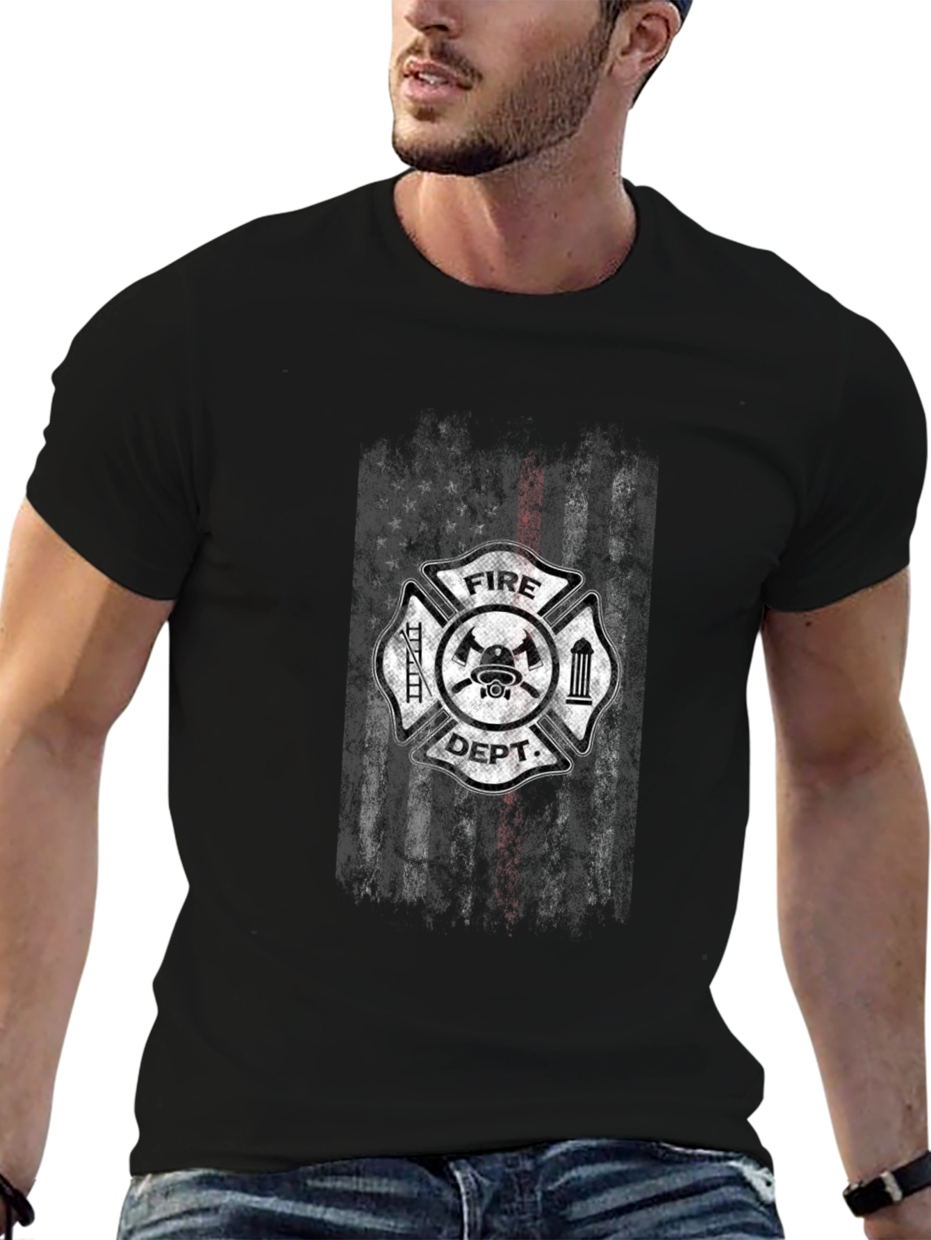 Fire Dept Thin Red Line USA Flag Graphic T-Shirt