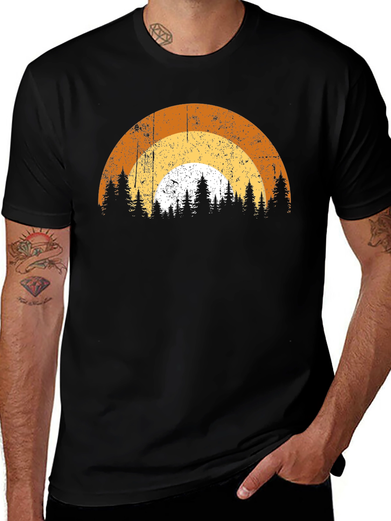 Retro Sunset Forest T-Shirt - Black Graphic Tee