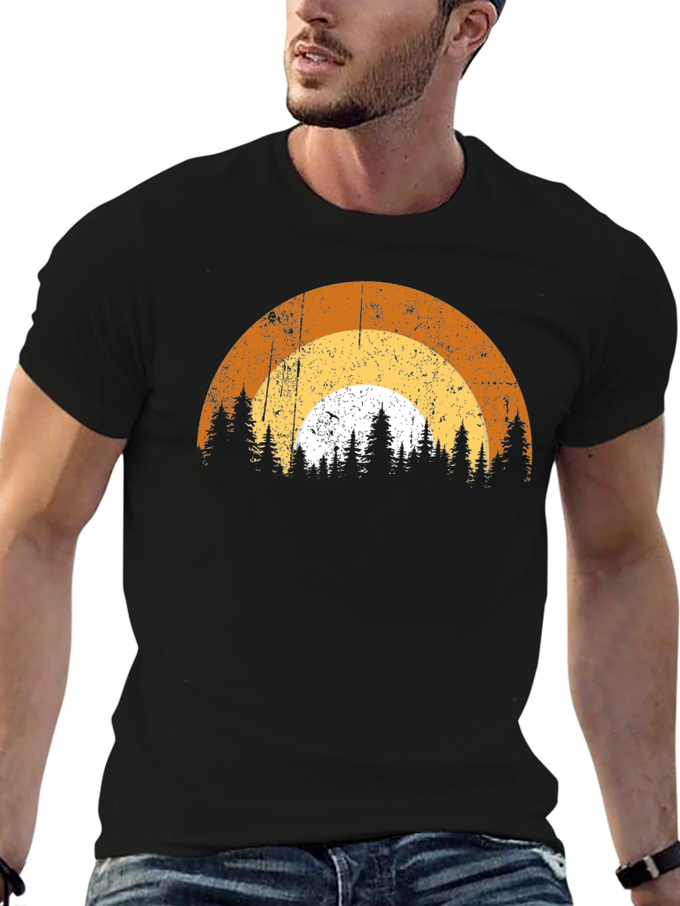 Retro Sunset Forest T-Shirt - Black Graphic Tee