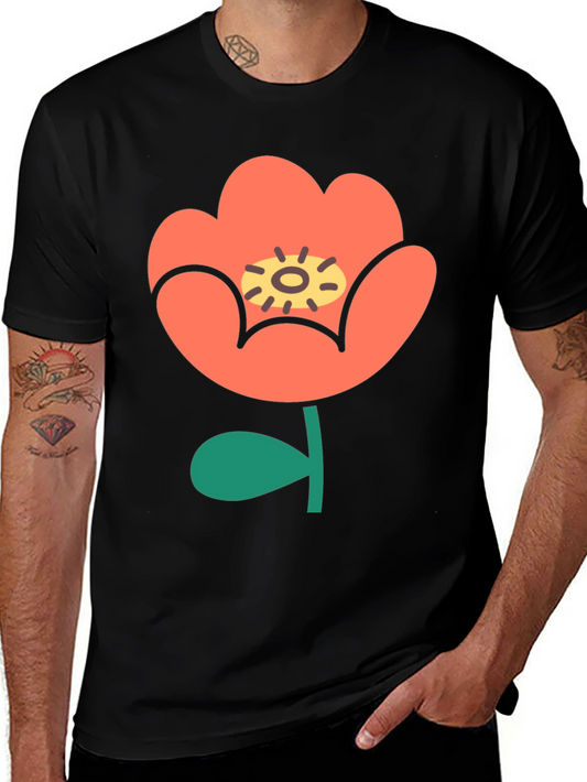 Black T-Shirt with Retro Floral Design