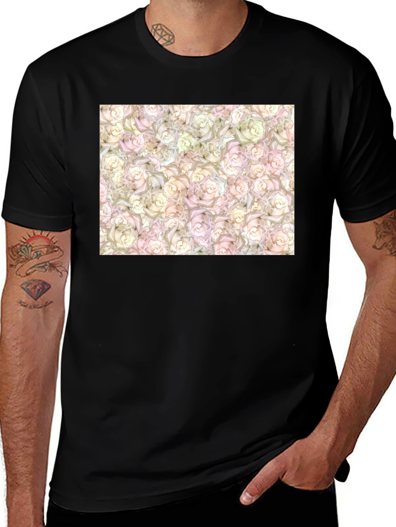 Floral Rose Pattern T-Shirt - Black