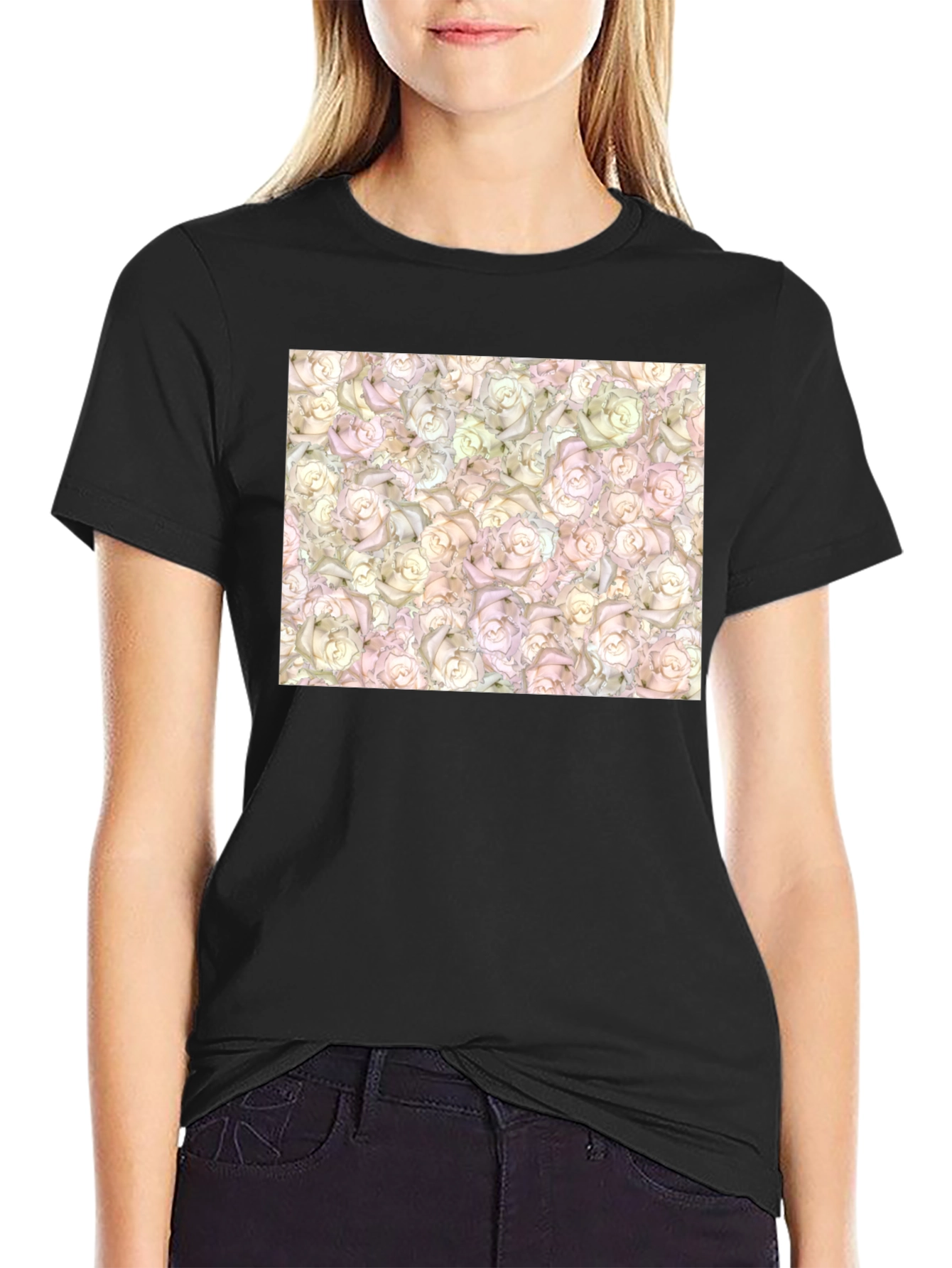 Floral Rose Pattern T-Shirt - Black