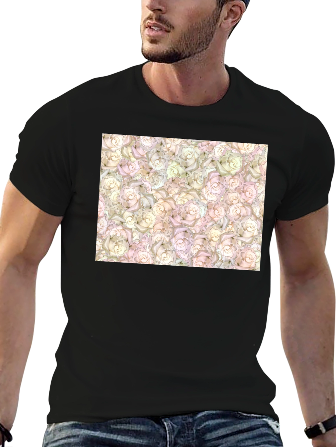 Floral Rose Pattern T-Shirt - Black
