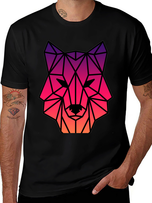 Geometric Wolf Head Graphic Tee - Black