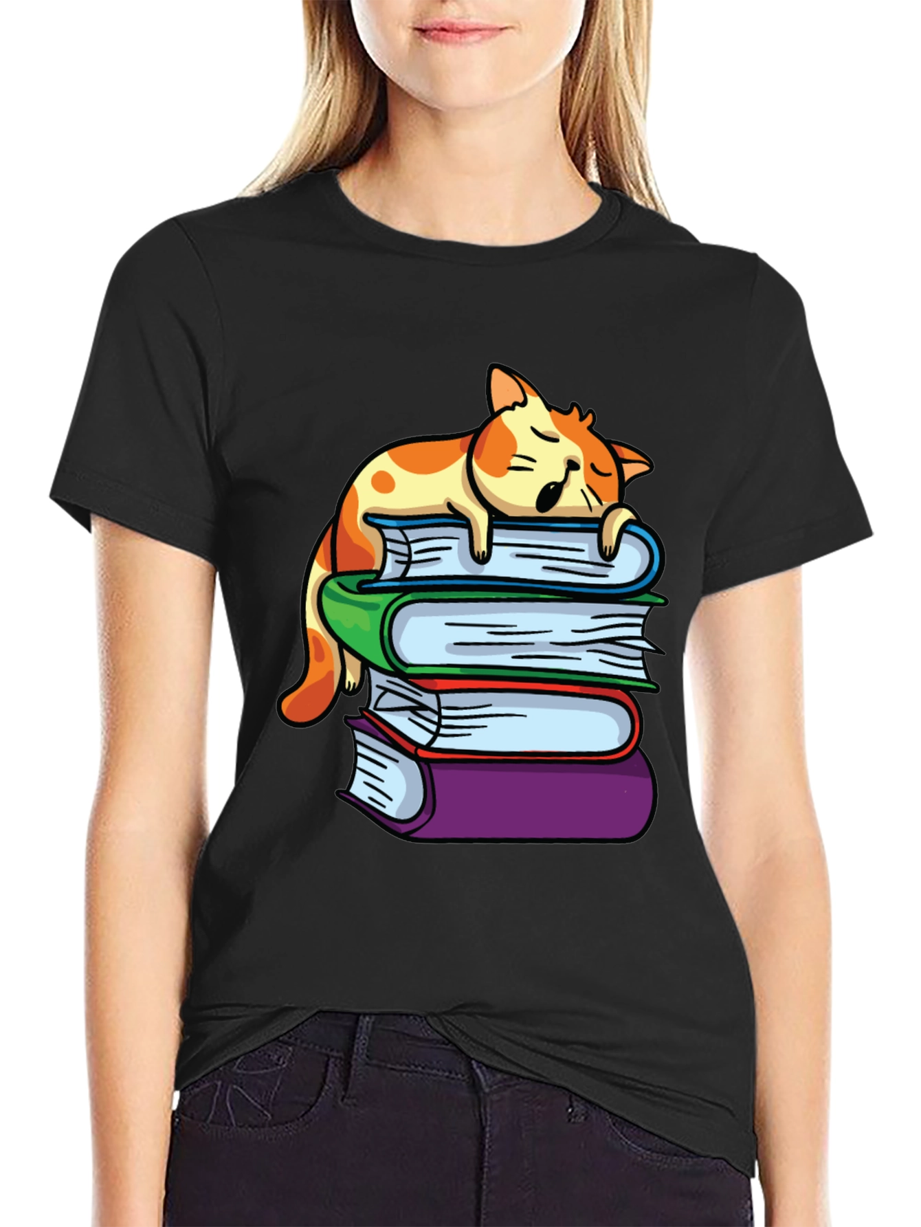 Cat Nap on Books T-Shirt - Reading Lover Tee