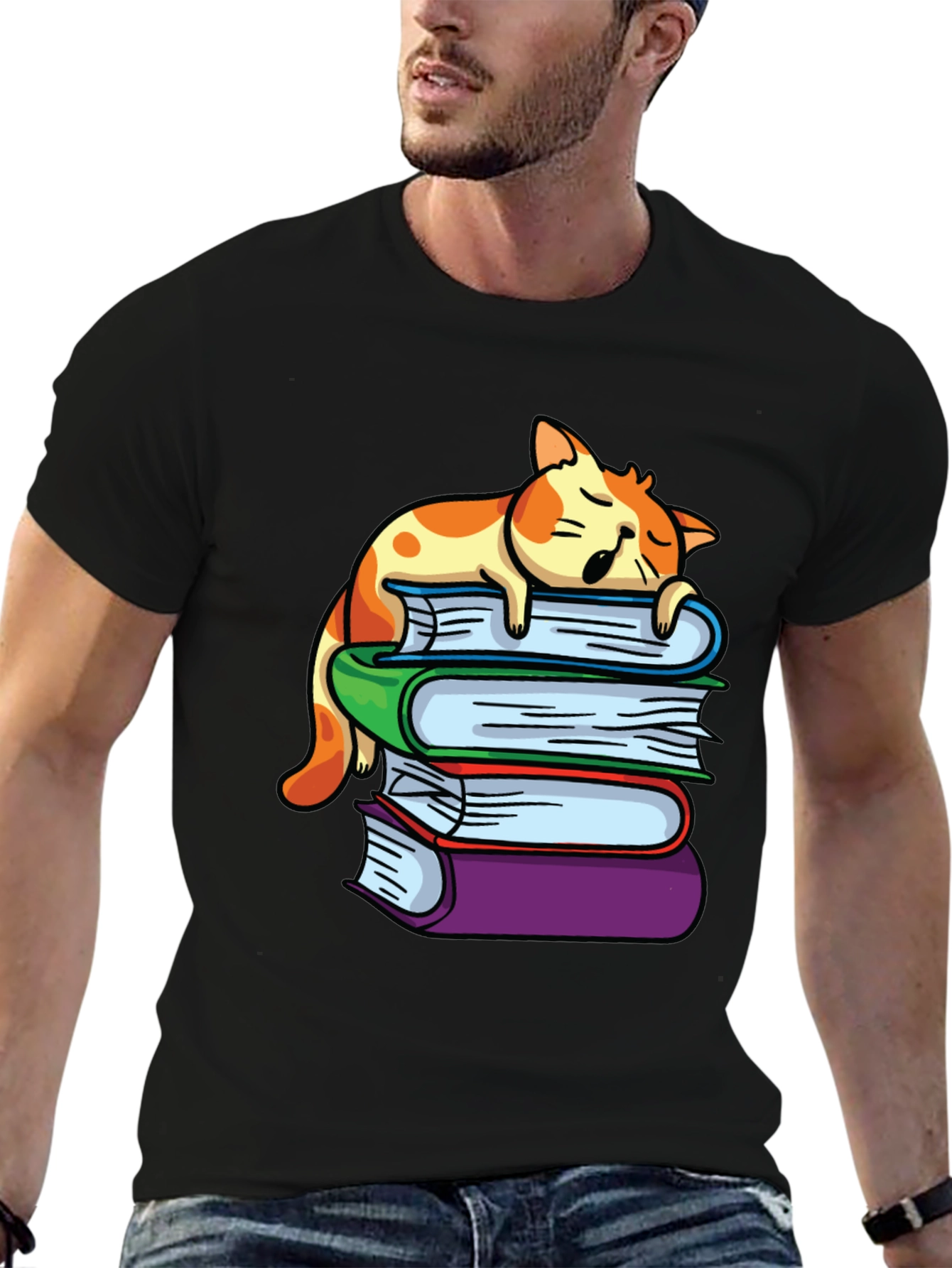 Cat Nap on Books T-Shirt - Reading Lover Tee
