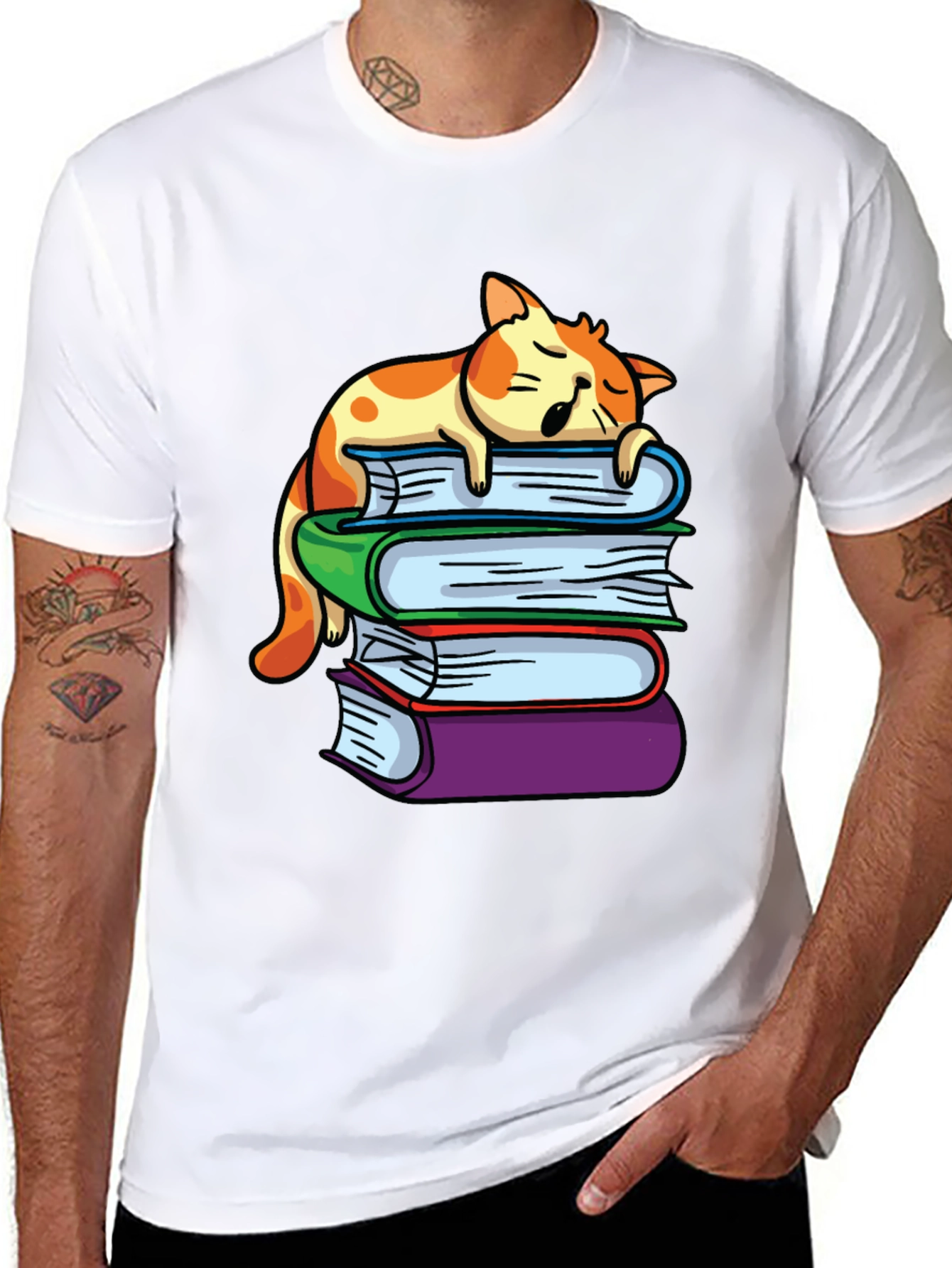 Cat Nap on Books T-Shirt - Reading Lover Tee
