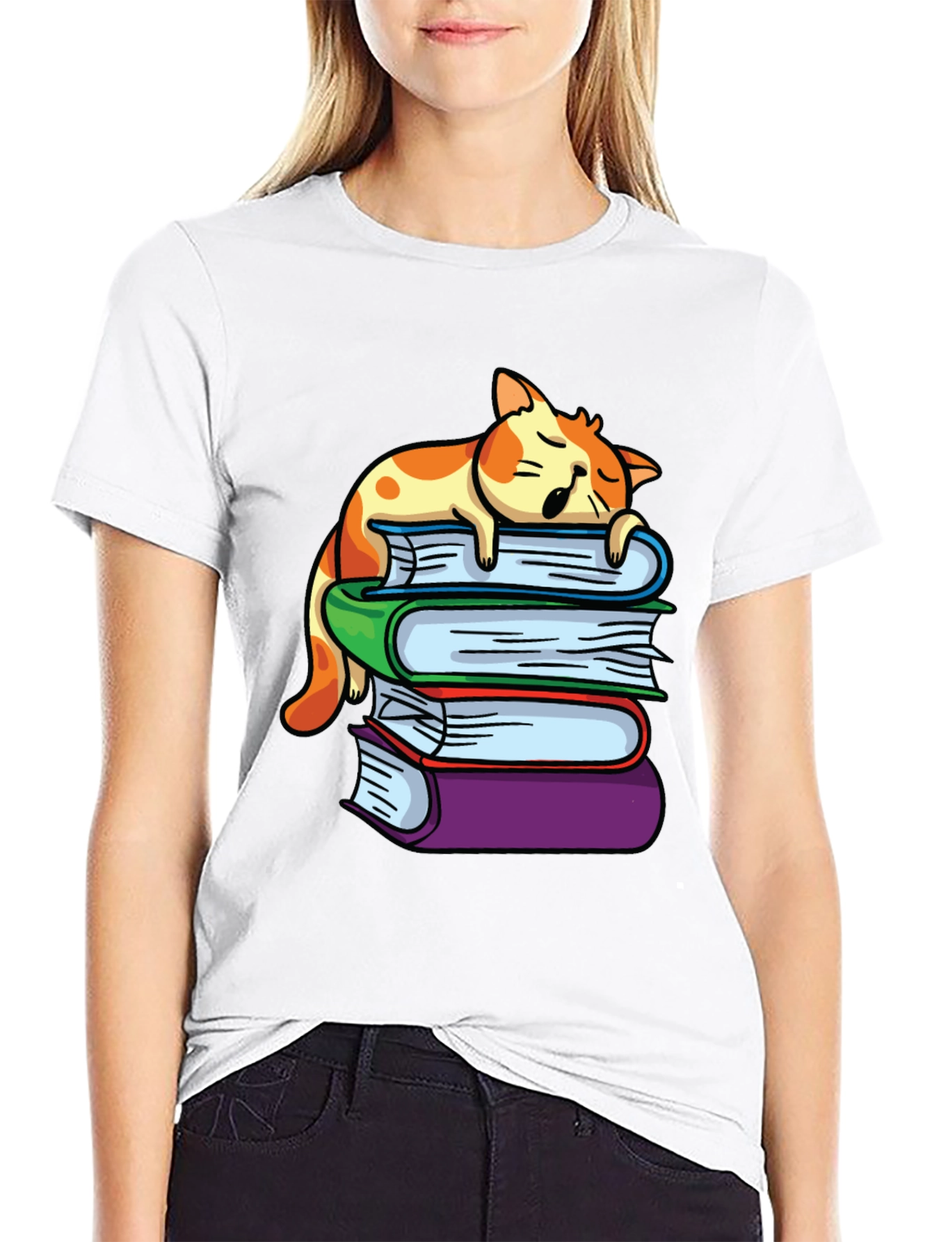 Cat Nap on Books T-Shirt - Reading Lover Tee