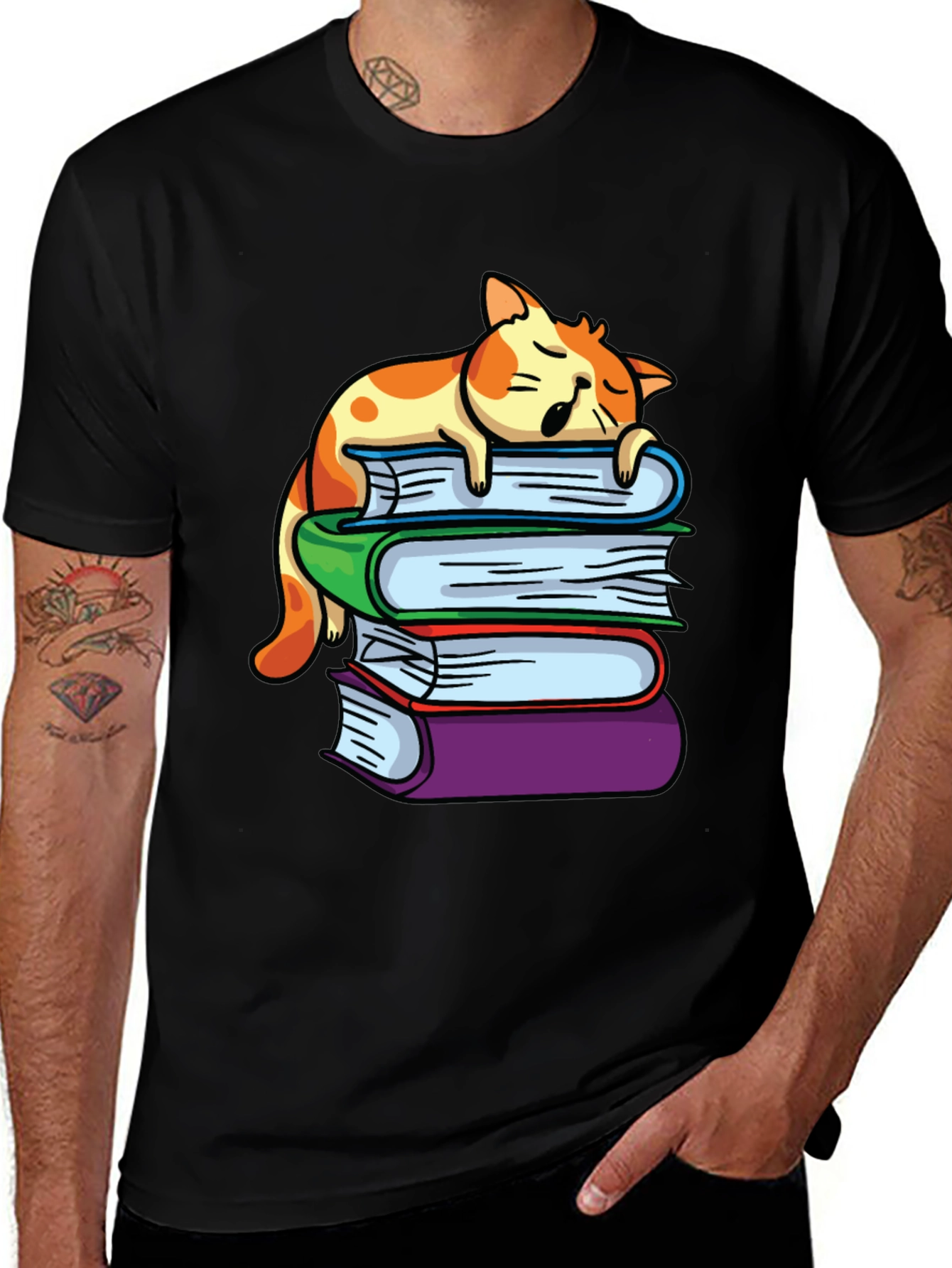 Cat Nap on Books T-Shirt - Reading Lover Tee
