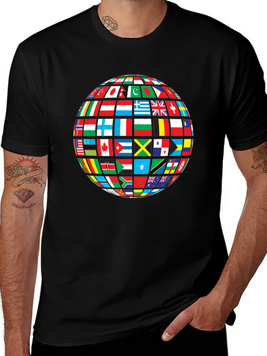 Global Flags Graphic Tee - Black Crew Neck Shirt