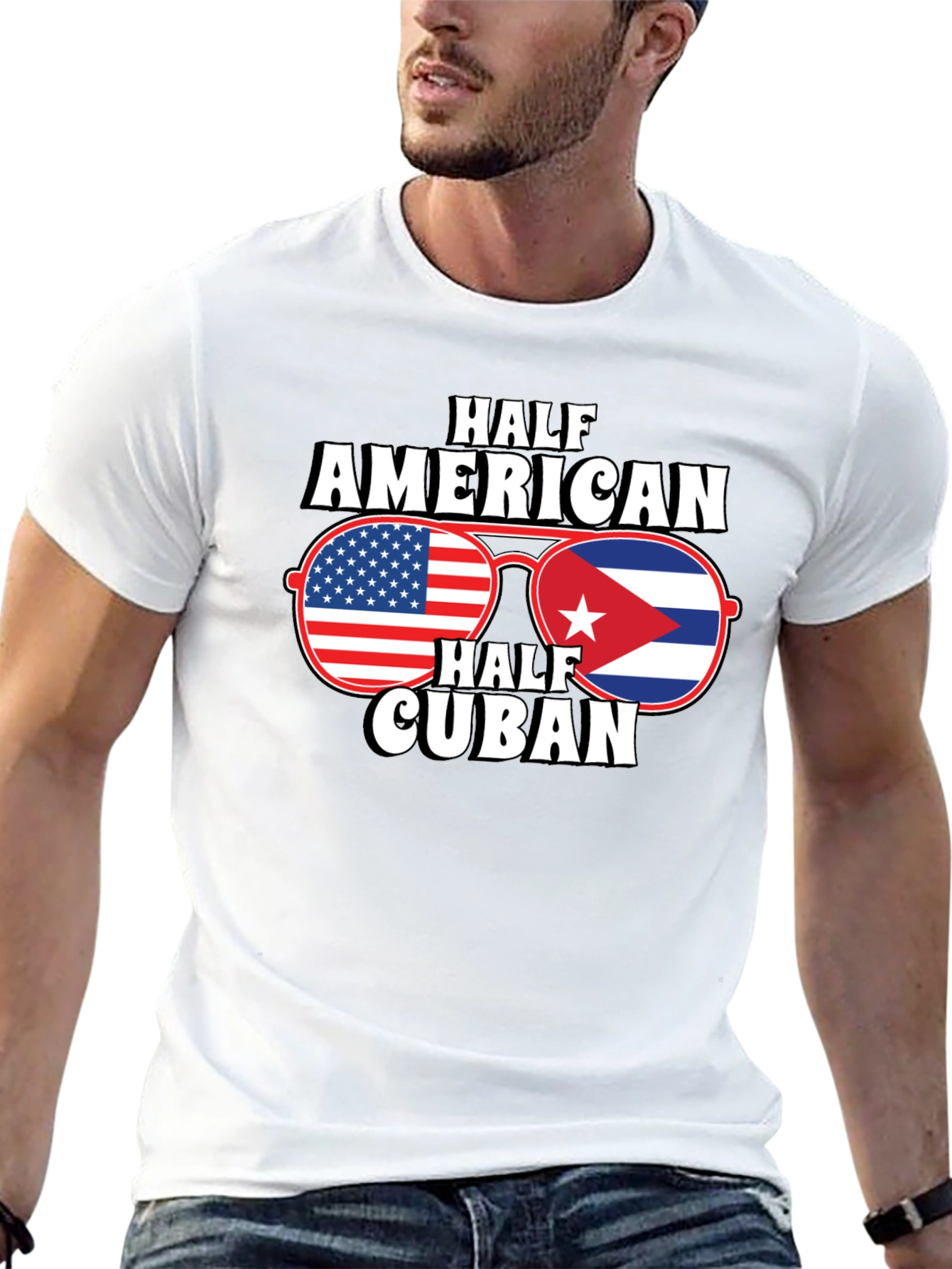 Half American Half Cuban Flag Sunglasses Graphic T-Shirt