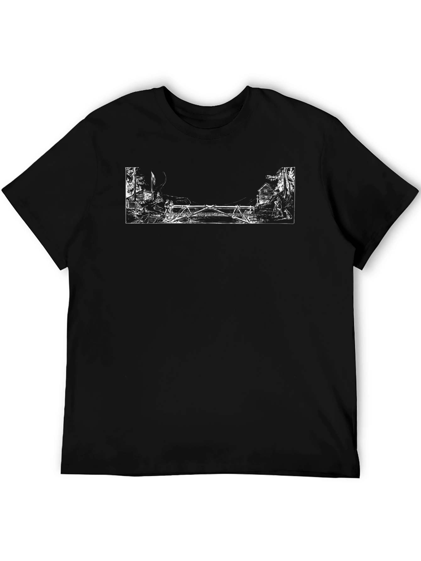 Black T-Shirt with Artistic White Bridge Print