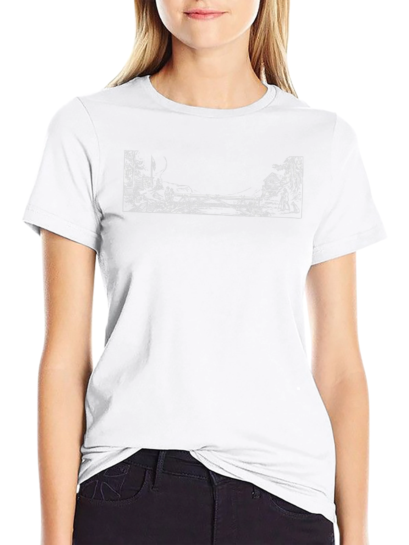 Black T-Shirt with Artistic White Bridge Print