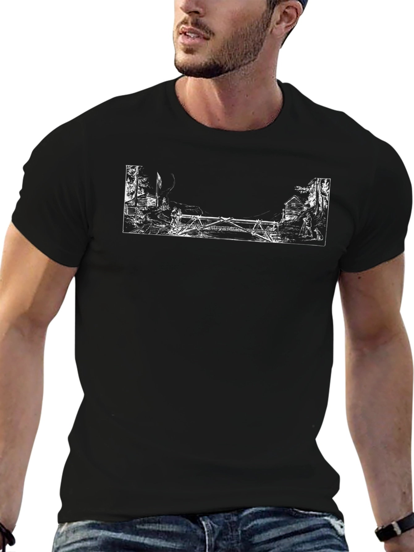 Black T-Shirt with Artistic White Bridge Print
