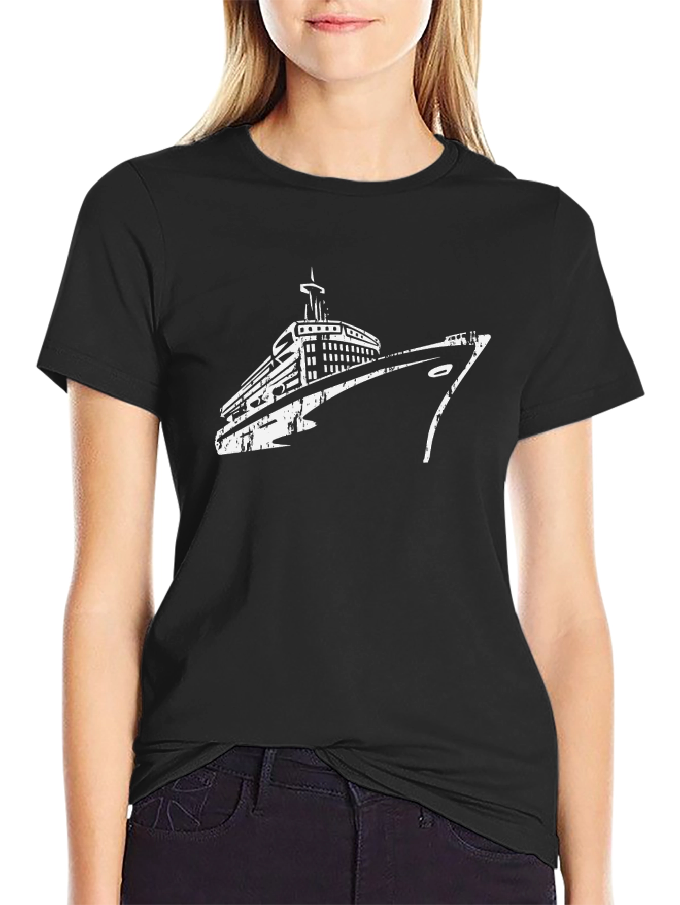 Nautical Cruise Ship Graphic Tee - Black Cotton T-Shirt