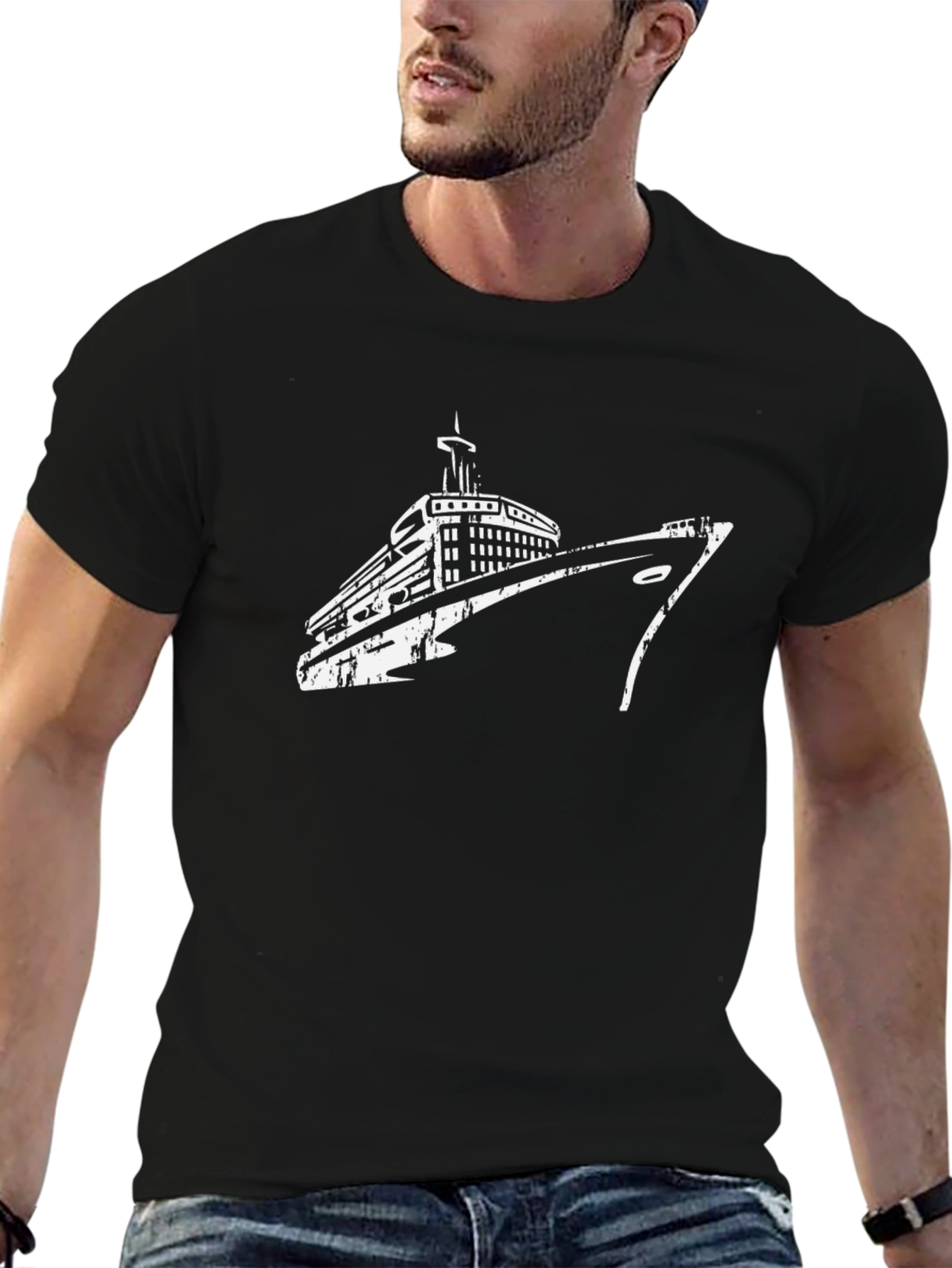 Nautical Cruise Ship Graphic Tee - Black Cotton T-Shirt