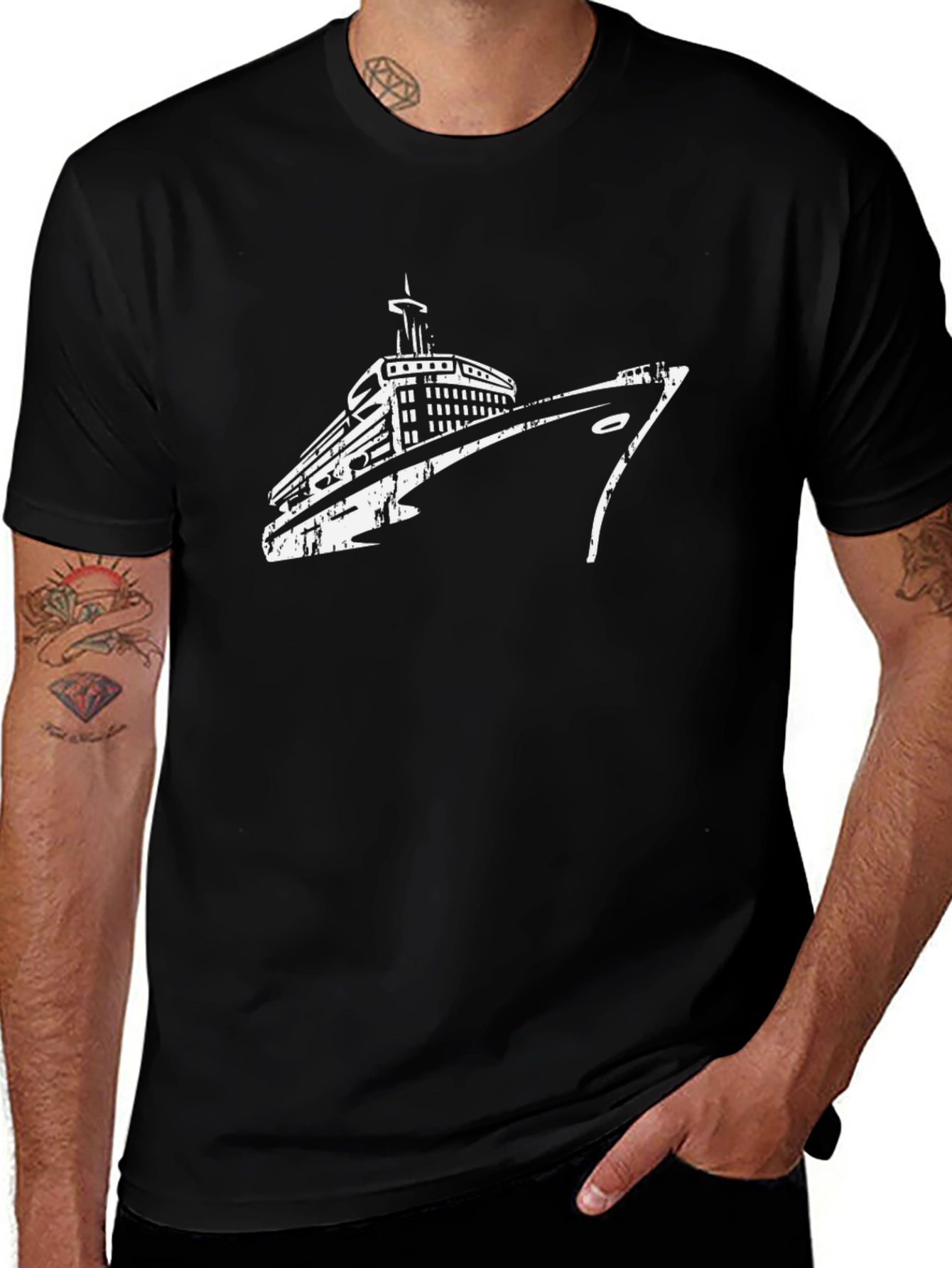 Nautical Cruise Ship Graphic Tee - Black Cotton T-Shirt