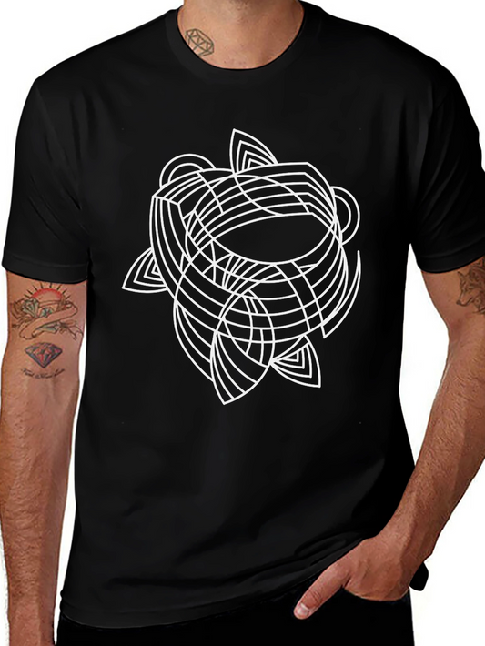 Geometric Line Art Black T-Shirt - Modern Minimalist Style